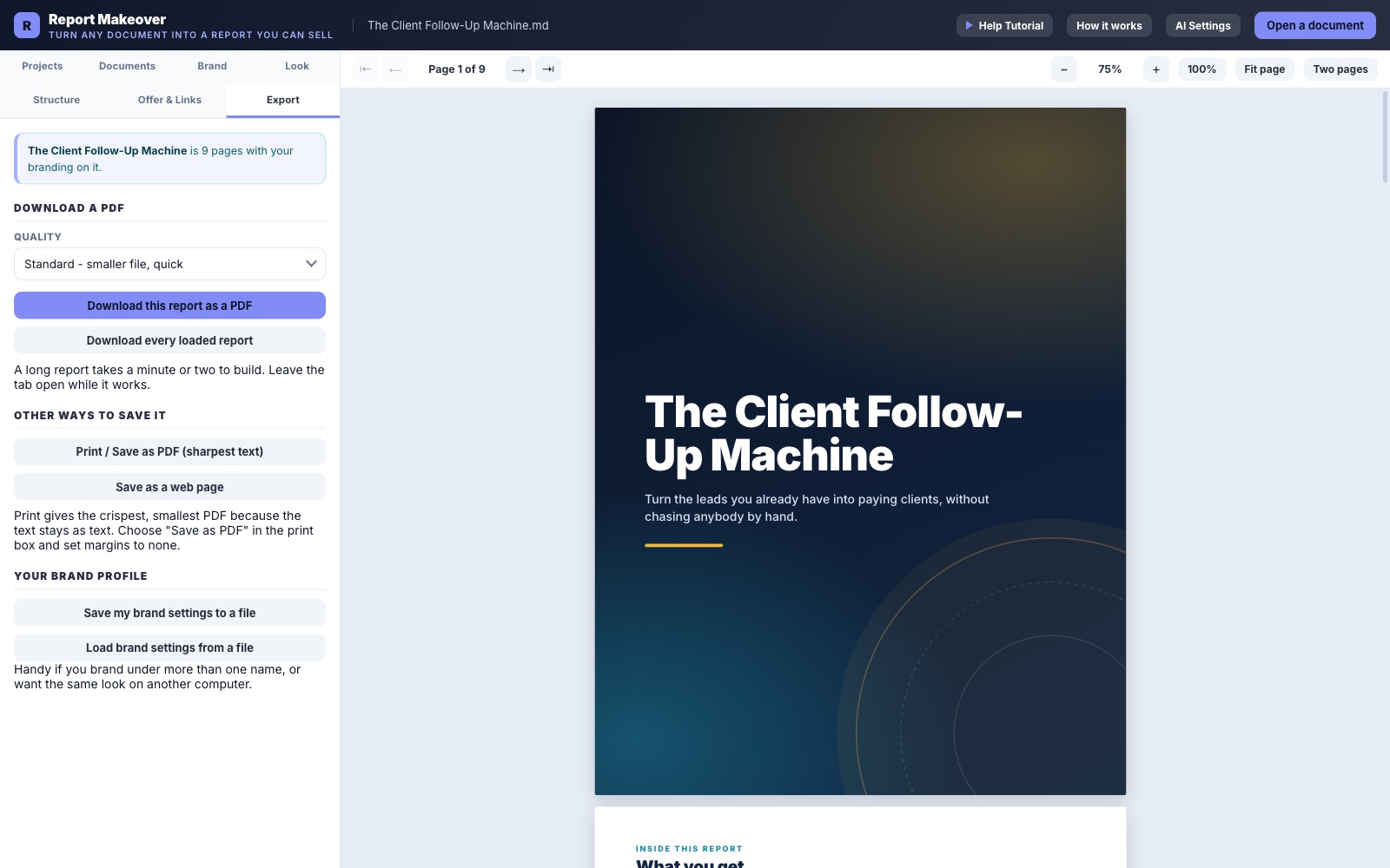 The Export tab: PDF, print and web page exports